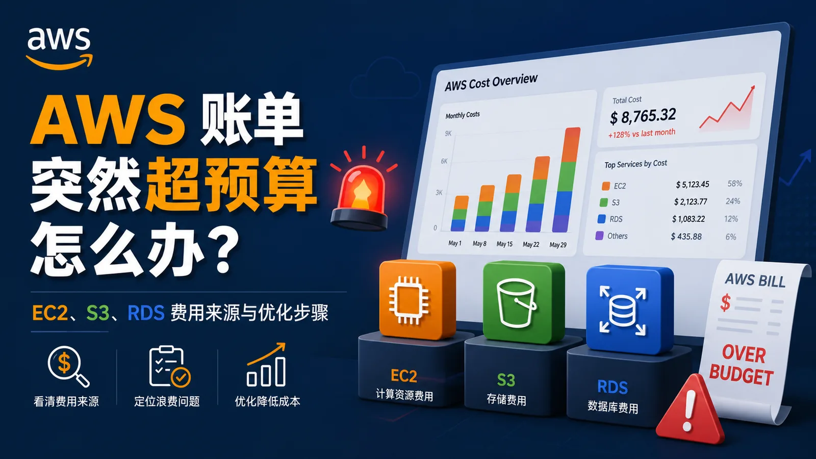 AWS 账单突然超预算怎么办？EC2、S3、RDS 费用来源与优化步骤 配图